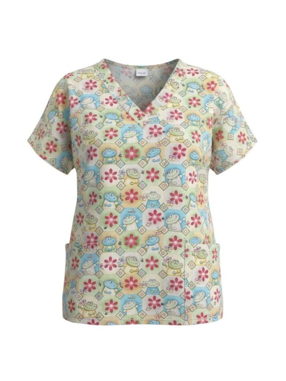 Scrub HQ Womens Frog & Flower Print V-Neck Scrub Top Short Sleeve Small